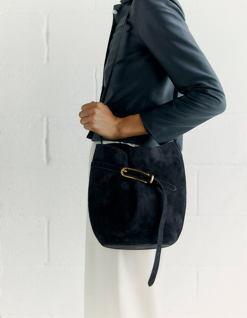 Belted Bucket Bag Black Suede - Liffner