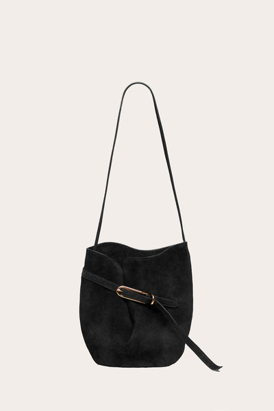 Belted Bucket Bag Black Suede