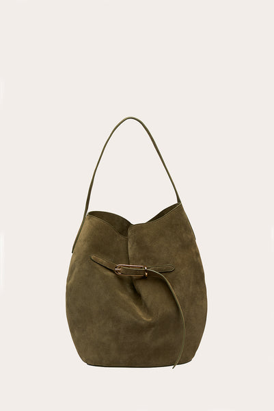 Belted Bucket Bag Large Sage Suede