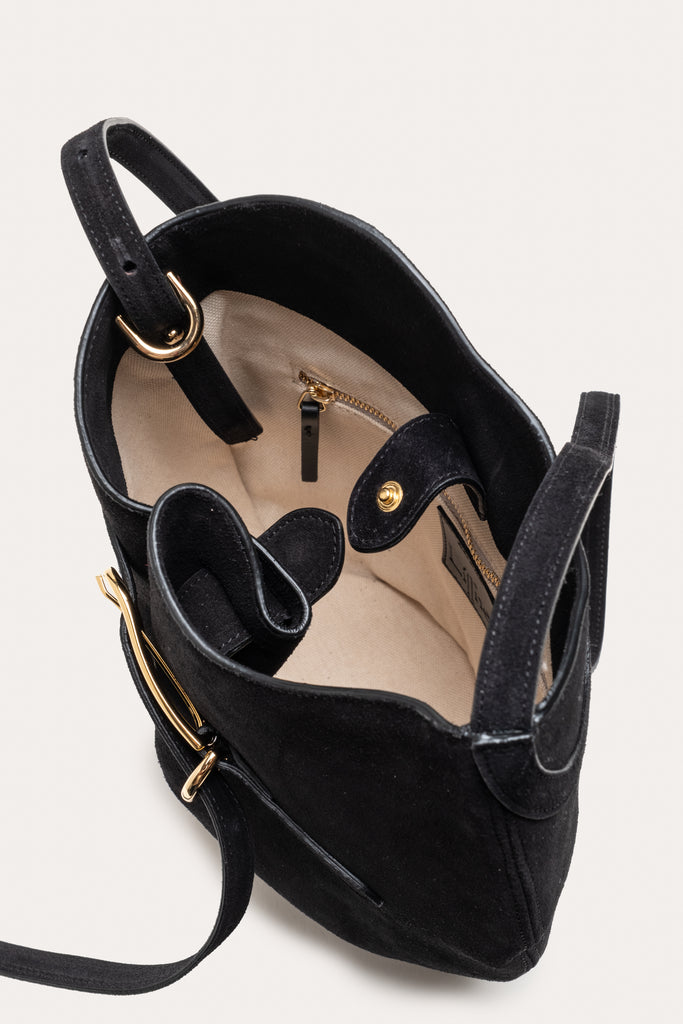 Belted Bucket Bag Black Suede - Liffner