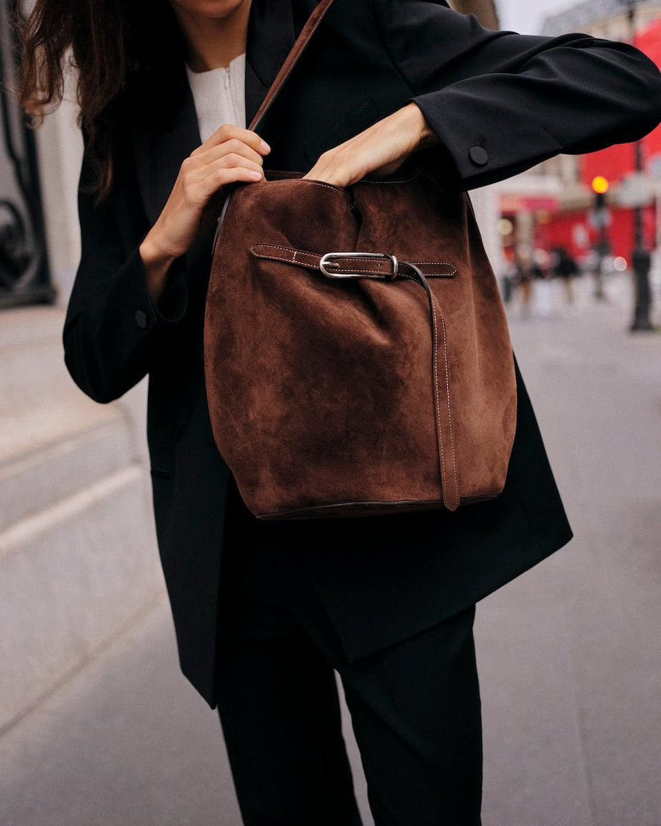 Belted Bucket Bag Large Dark Brown Suede - Liffner